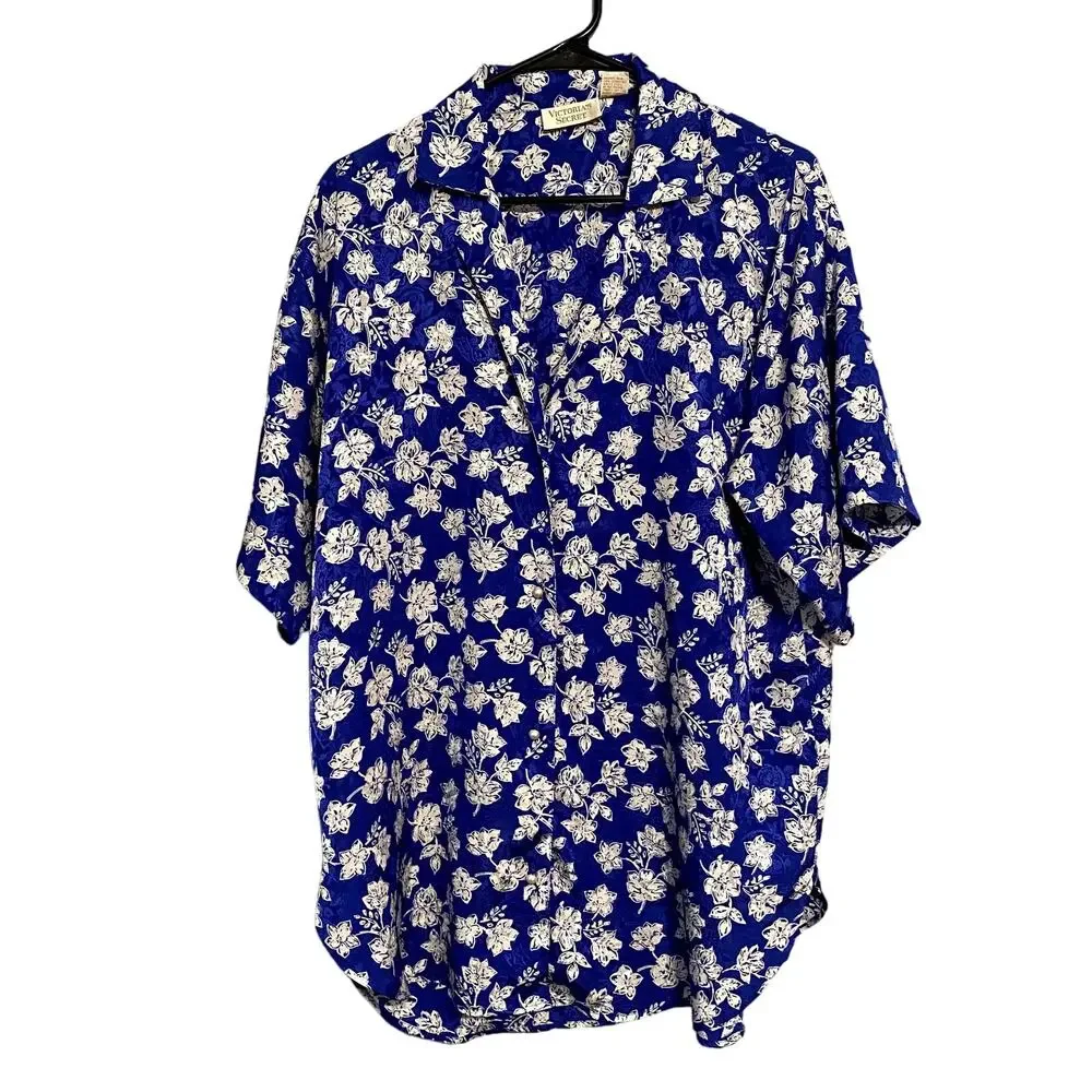 Victoria Secret Small Womens Vintage Pajama Top Floral Blue White Pearl Button